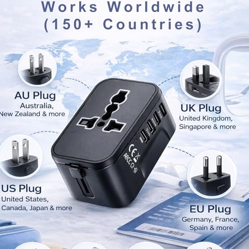 Universal Travel Adapter for 200+ Countries, International Plug Adapter with 2 USB-C & 2 USB-A, All-in-One European Power Adapter for UK US EU AUS Travel