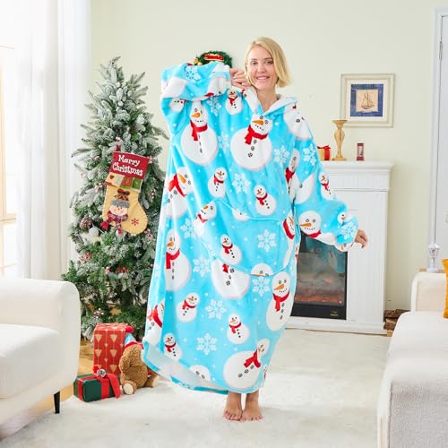 Moinlizy Oversized Wearable Blanket Hoodie for Women Men - color: Blue Snowman