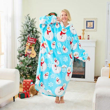 Moinlizy Oversized Wearable Blanket Hoodie for Women Men - color: Blue Snowman
