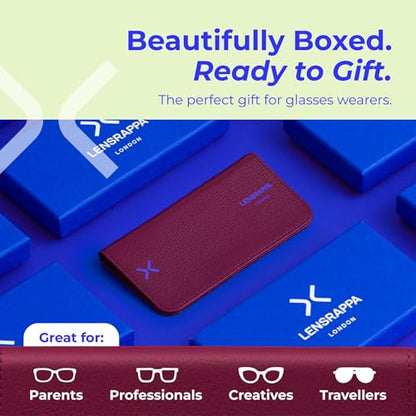 Luxury Slim Leather Glasses Case | Handmade Full-Grain Leather Eyewear Wrap with Magnetic Closure & Gift Box - color: Purple