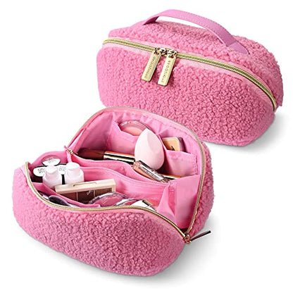 BYOOTIQUE Plush Makeup Bag Open Flat Travel Toiletry Accessories w/Handle - color: Pink, size: S