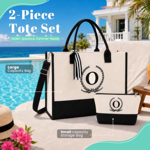 Embroidered Floral Monogram Canvas Tote with Zipper Pockets Gift for Her - color: O