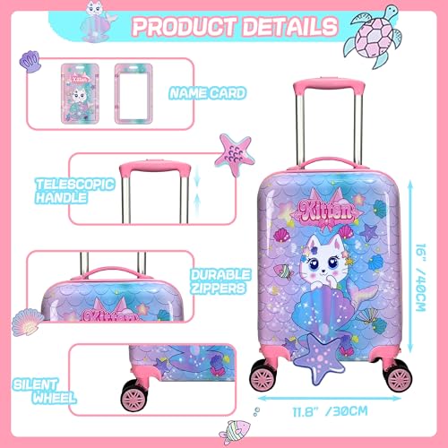 Cute Cat Kid's Luggage Set - 5 Piece Hardside Suitcase Set with Spinner Wheels - Airline Approved - color: Cat Pink
