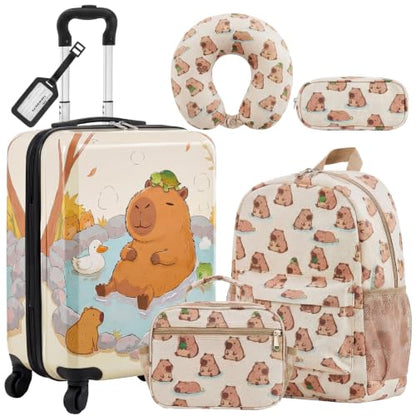 Redbaker 6 Pcs Kids Luggage Set, 18 Inch, Mint Brown Capibara - color: Mint Brown