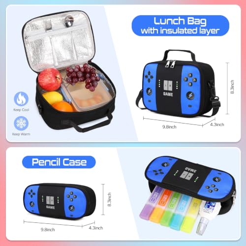 3PCS Gamer Boys Rolling Backpack with Lunch Box & Pencil Pouch (Blue Black) - color: Blue