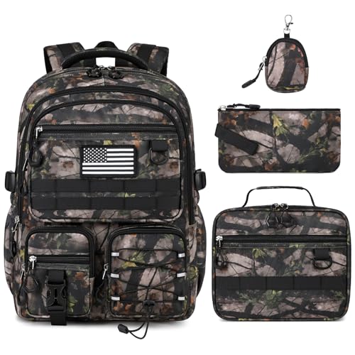 GeeWin Camo Backpack for Boys, 4PCS Boys Backpack with Lunch Box Set - color: Leaf Camo