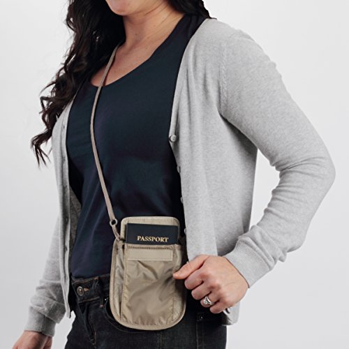 eagle creek RFID Blocker Neck Wallet - Durable and Lightweight Travel Passport and Valuables Organizer with Hook and Loop Closure and Adjustable Neck Strap, Tan - color: Tan