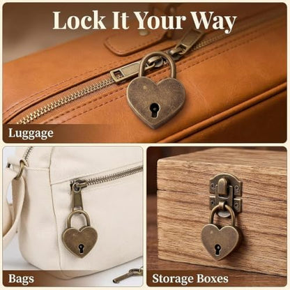 4 Pcs Lock Antique Brass Padlock with Key, Vintage Heart Shape Anti-Theft Mini Padlock Bag Travel Suitcase Luggage Box Case Key Keyed Padlocks Padlocks Hasps