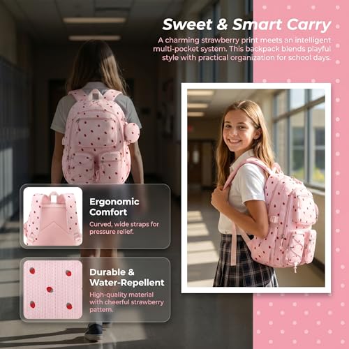 PiPiCat Backpack for Girls 4 in 1 Back to School Bookbag - color: K2 Pink Strawberry
