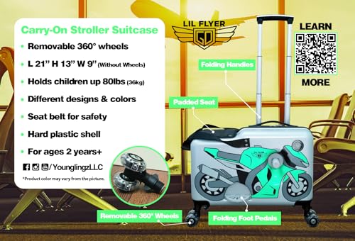 Younglingz LIL FLYER GO Version 2 Ride On Suitcase for Kids | Carry On Luggage with Toddler Seat, Foldable Handlebars, Pedals, and Removable Wheels | Holds up to 80 lbs | Green Motorcycle | Ages 2-6 - color: Green Motorcycle V2