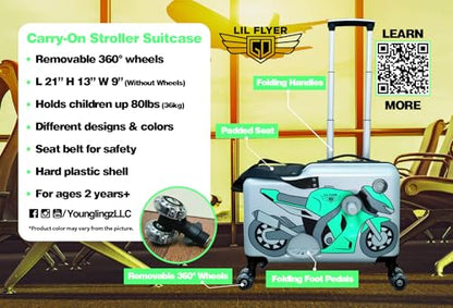 Younglingz LIL FLYER GO Version 2 Ride On Suitcase for Kids | Carry On Luggage with Toddler Seat, Foldable Handlebars, Pedals, and Removable Wheels | Holds up to 80 lbs | Green Motorcycle | Ages 2-6 - color: Green Motorcycle V2