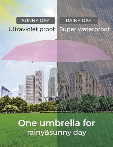 Travel Mini Umbrellas for Rain & Sun UV Protection Compact Folding Automatic Lightweight and Small Сollapsible Windproof Umbrella Women - color: Pink outside
