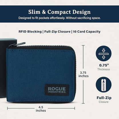 ROGUE WALLET Leather & Nylon Zip Wallet for Men, RFID Blocking, Navy - color: Navi
