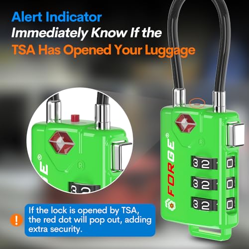 Forge TSA Approved Luggage Locks, Open Alert Cable Lock, Green, 2 Pack - color: Green 2 PK