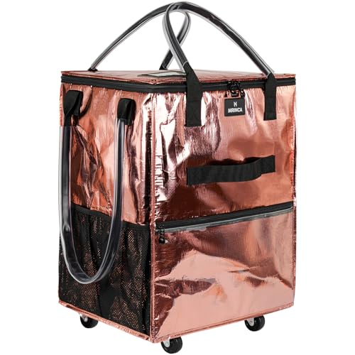 Reusable Grocery Bag On Wheels, 70L Foldable Rolling Tote with 6 Pockets - color: Rose Gold, size: Medium