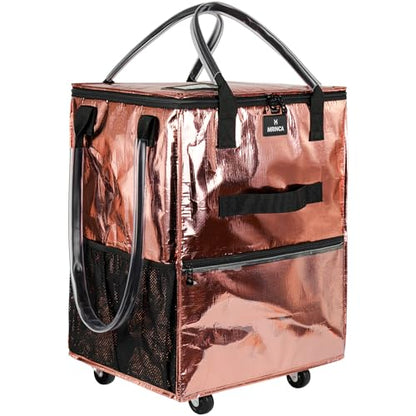 Reusable Grocery Bag On Wheels, 70L Foldable Rolling Tote with 6 Pockets - color: Rose Gold, size: Medium