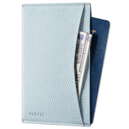 VULKIT Passport Cover Ultra Slim Design Leather Passport Sleeve RFID Blocking with 2 Card Slots, Anti-Theft Travel Essentials - color: Grain Airy Blue
