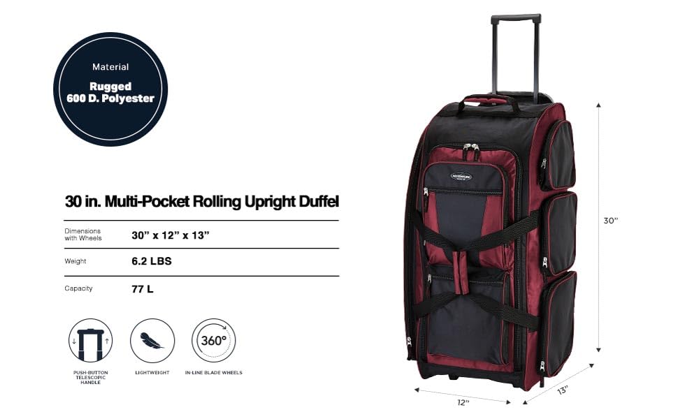 Travelers Club Xpedition 30 Inch Multi-Pocket Upright Rolling Duffel Bag - color: 크림슨 레드.