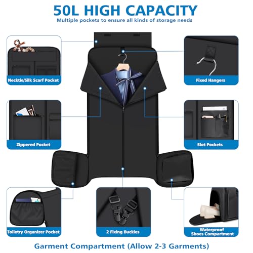 Convertible Garment Bag for Travel, 4-in-1 Backpack for Women Men, 3pcs 50L - color: A-Black