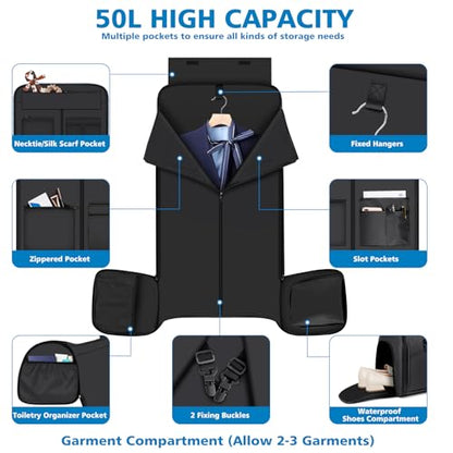 Convertible Garment Bag for Travel, 4-in-1 Backpack for Women Men, 3pcs 50L - color: A-Black