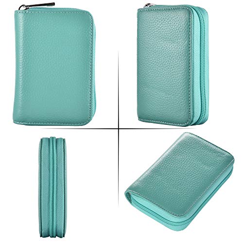 Easyoulife Genuine Leather Credit Card Holder Zipper Wallet With 26 Card Slots - color: Teal, size: small