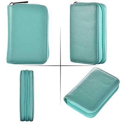 Easyoulife Genuine Leather Credit Card Holder Zipper Wallet With 26 Card Slots - color: Teal, size: small