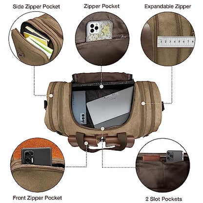 Wildroad Canvas Duffle Bag - 60L Expandable Weekender Overnight Travel Bag - color: Coffee, size: X Large-60L Duffle Bag