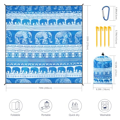 HIHOHO Beach Blanket Waterproof Sandproof Quick Drying Mat for 1-8 Adults - color: Elephant-gc Bl, size: 6'11" x 6'7"