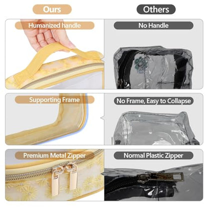 PACKISM Clear Makeup Bag Travel - TSA Approved Toiletry Bag, 3 Pack - color: Beige Yellow Purple, size: Medium Set (Patterned/ Lace Edition)