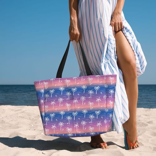 Women's Large Beach Bag Waterproof Travel Tote Bag with Pocket Sandproof Foldable Weekender Bags for Pool Vacation - color: Palm Purple