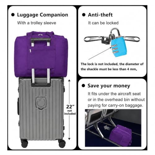 Foldable Travel Duffle Bag with Trolley Sleeve 40L Travel Bag - color: Purple