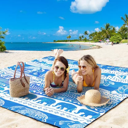 HIHOHO Beach Blanket Waterproof Sandproof Quick Drying Mat for 1-8 Adults - color: Elephant-gc Bl, size: 6'11" x 6'7"
