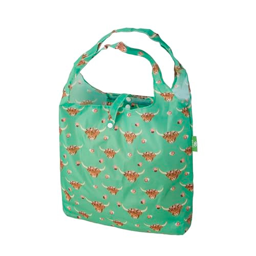 ECO CHIC Foldable Reusable Grocery Bags - Lightweight, Recycled & Reusable Shopping Bag - Waterproof Packable Tote - color: Floral Highland Cow Green