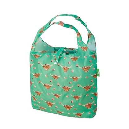 ECO CHIC Foldable Reusable Grocery Bags - Lightweight, Recycled & Reusable Shopping Bag - Waterproof Packable Tote - color: Floral Highland Cow Green