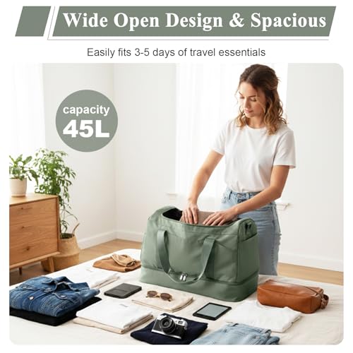 Large Travel Duffle Bag,Carry-on Overnight Weekender Bags for Women - color: Green with Toiletry Bag