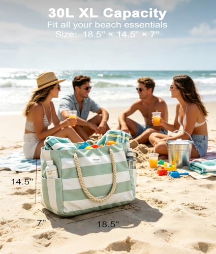 Oceanae Beach Bags Waterproof Sandproof, XL Large Pool Tote Bag with Zipper for Women - color: Red Orange（rope）