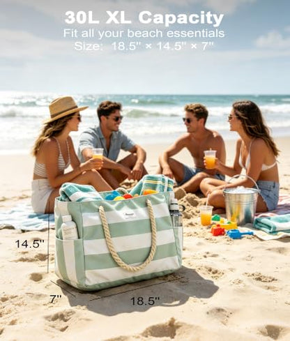 Oceanae Beach Bags Waterproof Sandproof, XL Large Pool Tote Bag with Zipper for Women - color: Red Orange（rope）
