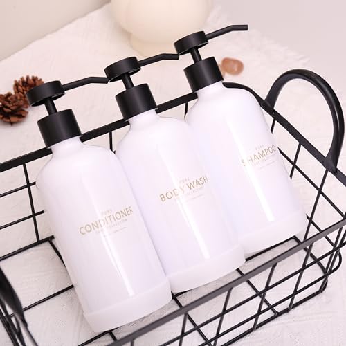 Shampoo and Conditioner Dispenser Set of 3 - color: White Bottles + Black Pumps