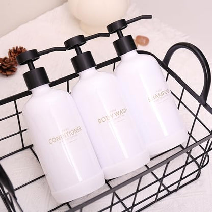 Shampoo and Conditioner Dispenser Set of 3 - color: White Bottles + Black Pumps
