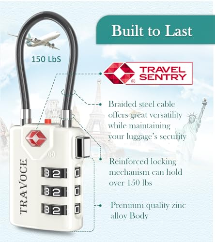 TSA Approved Luggage Locks, Combination Cable Locks, 4 Pack, White | Search Alert shows TSA key access; resettable 3-digit code and flexible braided steel cable for suitcases and backpacks. - color: White 4 Pack