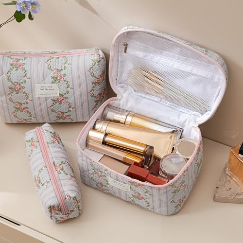 HBselect Quilted Makeup Bag, 3Pcs Cotton Large Travel Makeup Bags Organizer - color: A-3PCS-Floral 51