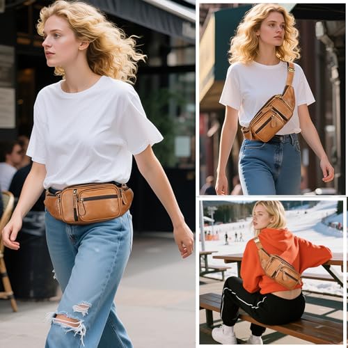 Genuine Leather Fanny Pack large capacity Crossbody Waist Bag with Zipper phone Pockets brown - color: Brown