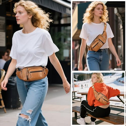 Genuine Leather Fanny Pack large capacity Crossbody Waist Bag with Zipper phone Pockets brown - color: Brown