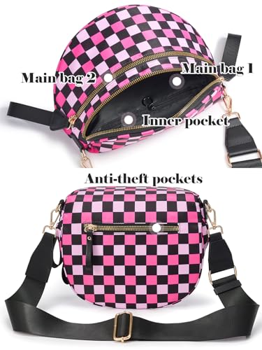 Checkered Crossbody Bag Bum Bag for Women,Spacious Fanny Packs Belt Bag - color: Black Rose Checkered