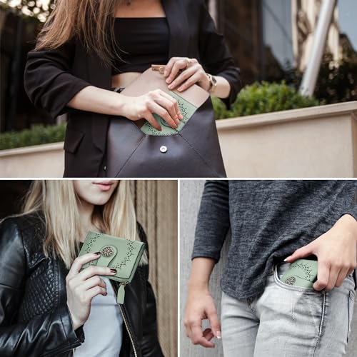 Tipmile Small Wallet for Women Bifold RFID Blocking Card Holder Leather Wallets with Zipper Coin Pocket - color: Green