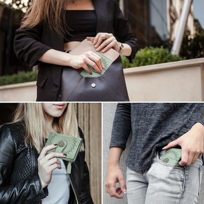 Tipmile Small Wallet for Women Bifold RFID Blocking Card Holder Leather Wallets with Zipper Coin Pocket - color: Green