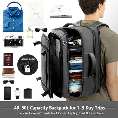 Comfort Travel Backpack,Expandable Carry on Backpack with LifetimeWarranty - color: Grey, size: 17.3inch (19"x12.5"x5.5")
