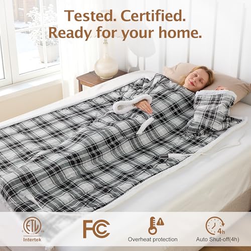 Electric Heated Blanket Wearable Throw with Foot Pocket & Front Pouch - color: Grey Plaid, size: Long