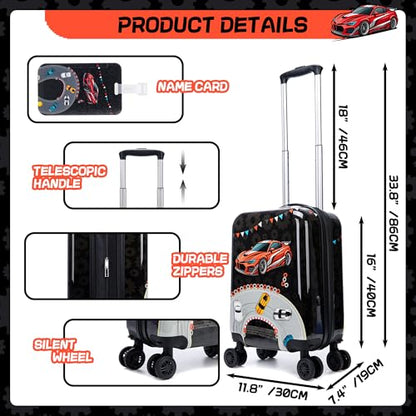 Kids Luggage Set 5 Piece 16'' Hardside Spinner Wheels Travel Suitcase Carry On Airline Approved Black Car - color: Black Car