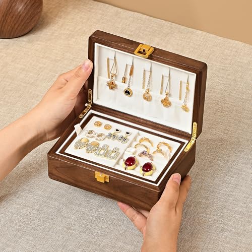 Black Walnut Wooden Jewelry Box, Small 2 Layer Travel Jewelry Case - color: 2-Layer